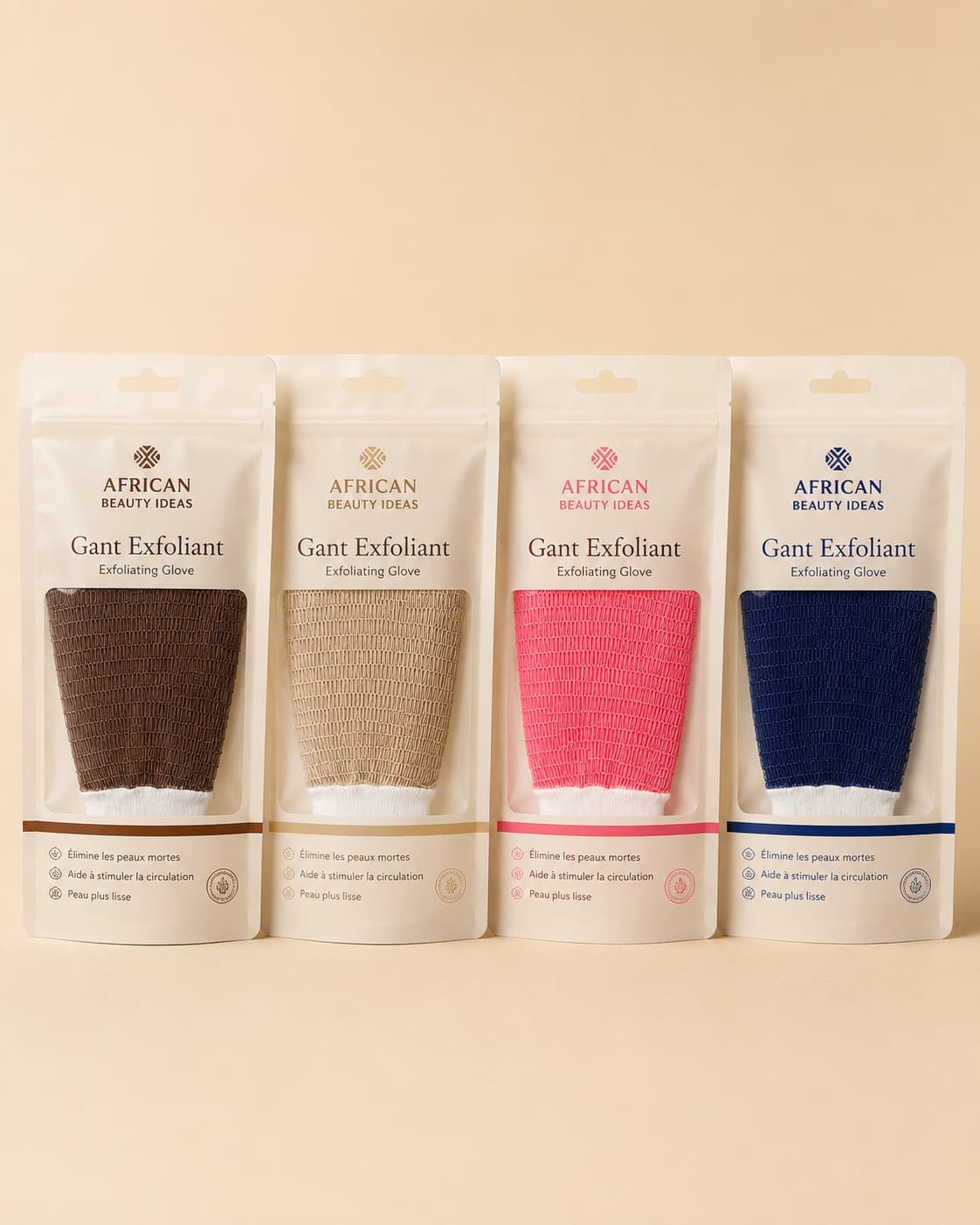 Gamme de Gants Exfoliants African Beauty Care, quatre coloris